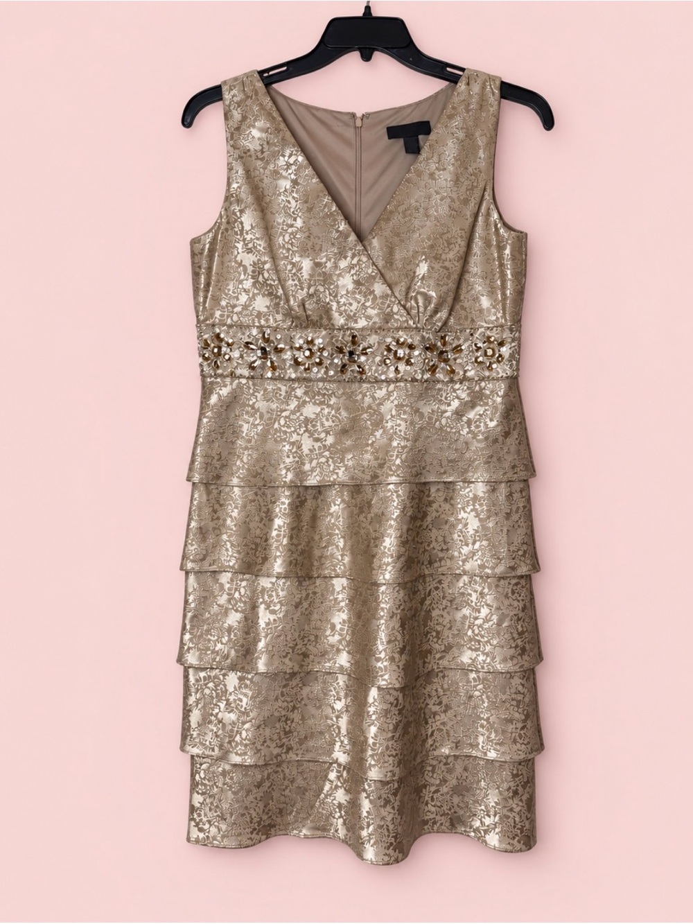 R&M Richards Metallic Gold Tiered Lace Cocktail Dress with Jeweled Waist